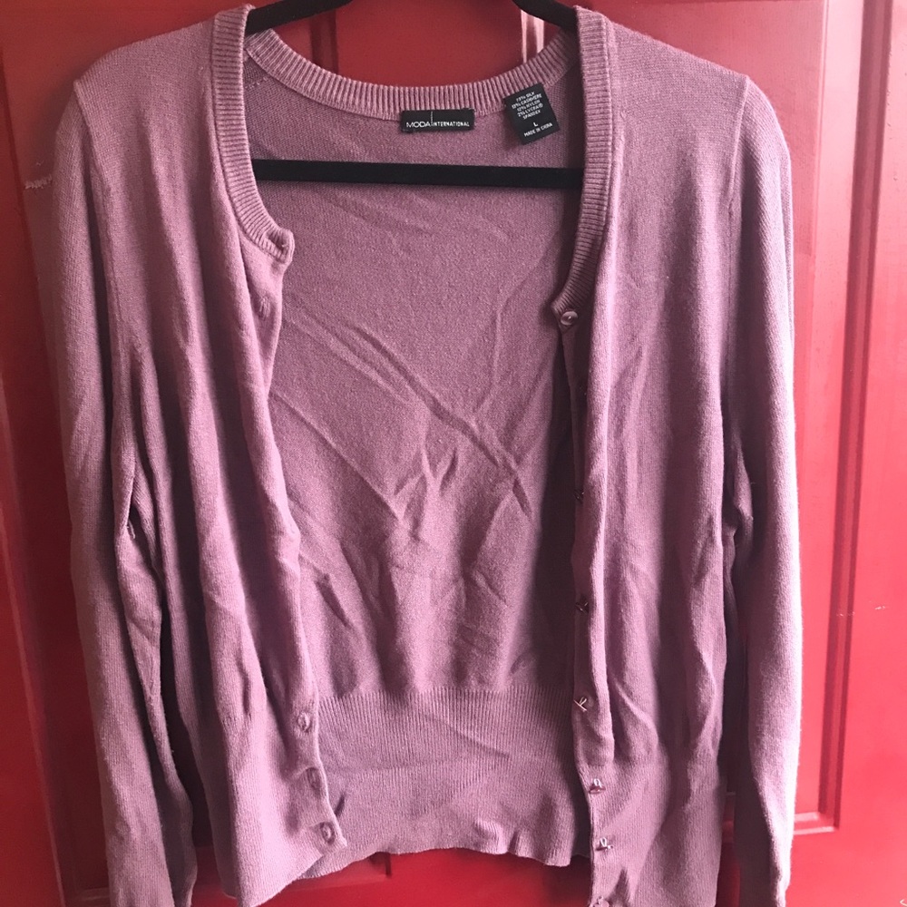 Purple cardigan sweater for work.
